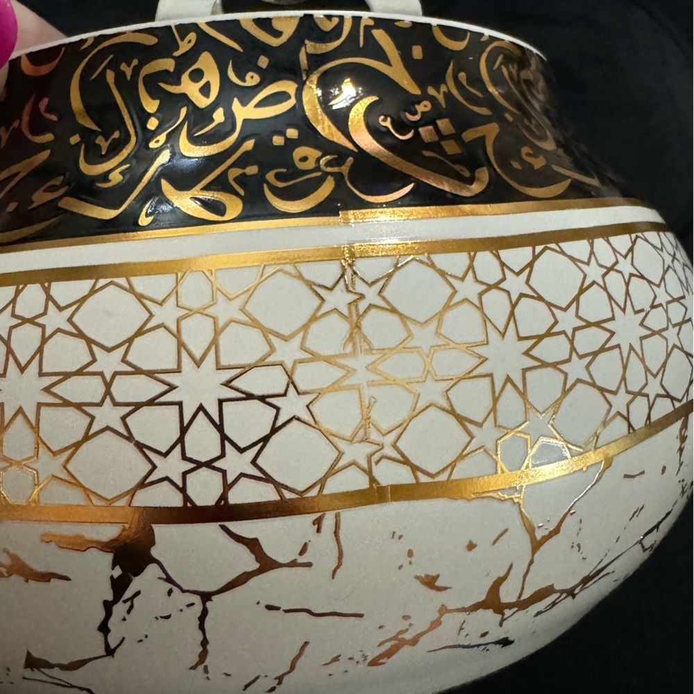 Ornate Unique Arabic Style Tea Kettle Black Cream Gold Patterned Vintage Look - Picture 11 of 16